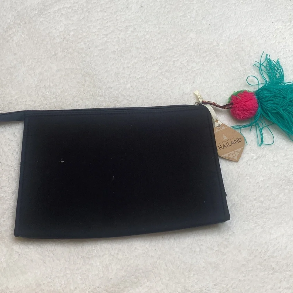 Black Blue Red Embroidered Tassel Cosmetic Bag Made in Thailand